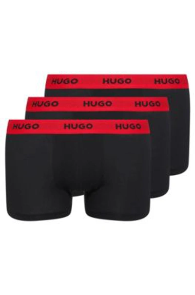 Hugo Three-pack Of Logo-waistband Trunks In Stretch Cotton In Black