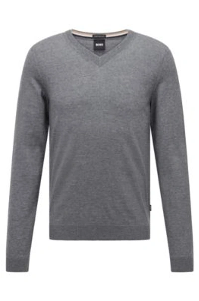 Hugo Boss V-neck Slim-fit Sweater In Virgin Wool In Grey