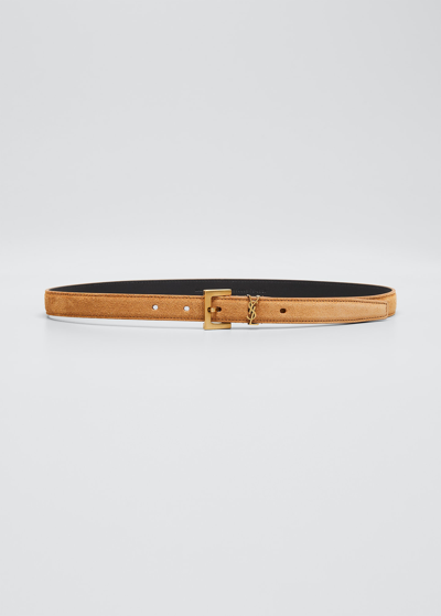 Saint Laurent Ysl Monogram Suede Belt In Tan/bronze