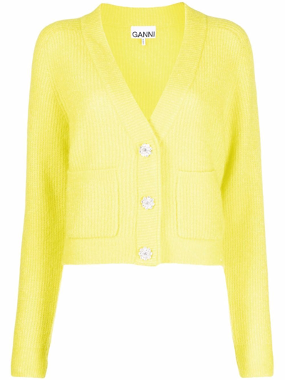 Ganni Rib-knit Wool-blend Cardigan In Yellow