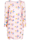 Ganni Ruched Mesh Floral-print Mini Dress In Rosa
