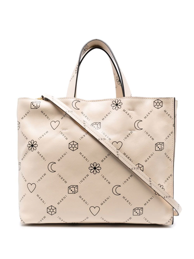 Marni Cream Leather Tote Bag In Ivory