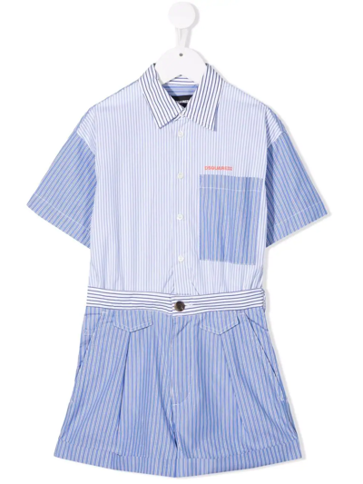 Dsquared2 Kids' Striped Cotton Poplin Shirt Playsuit In 라이트 블루