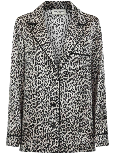 Saint Laurent Ladies Black Leopard-pattern Silk Blazer