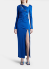 Versace Safety Pin Thigh-slit Ruched Slash Jersey Gown In Lapis
