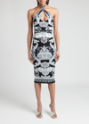 Versace Silver Baroque Printed Halter Body-con Midi Dress In Blackwhite