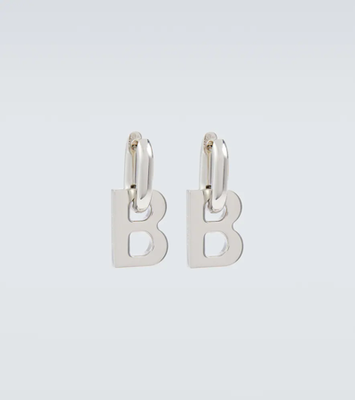Balenciaga B Brass Hoop Earrings In Silver