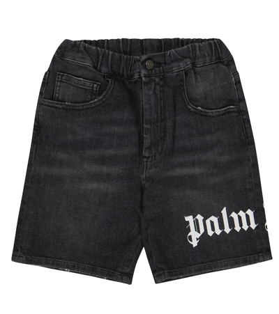 Palm Angels Kids' Logo Print Denim Shorts In Black White