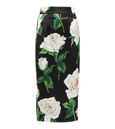 Dolce & Gabbana Floral Silk-blend Satin Pencil Skirt In Rose Bianche F.nero