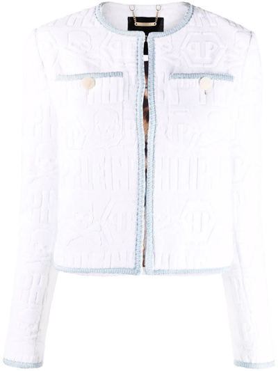 Philipp Plein Logo-embossed Tweed-effect Jacket In White