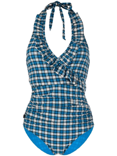 Ganni Plaid-check Print Swimsuit In Blau