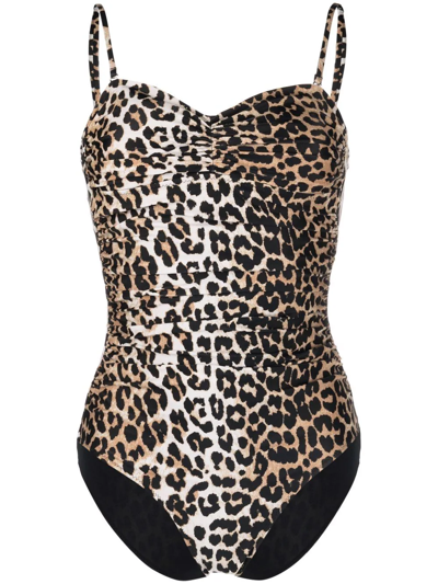 Ganni Leopard-print Swimsuit In Brown