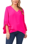 Vince Camuto Flutter Sleeve Crossover Georgette Tunic Top In Fiercely Fuchsia