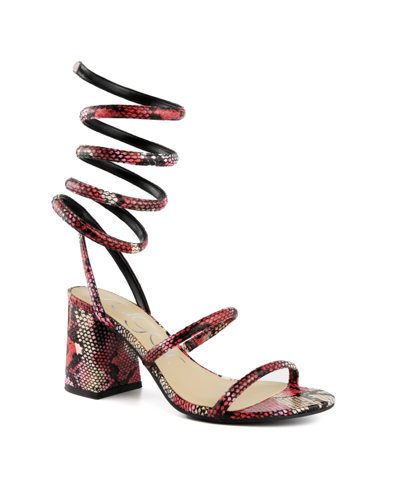 Sugar Belleza Womens Snake Print Block Heel Strappy Sandals In Pink Multi