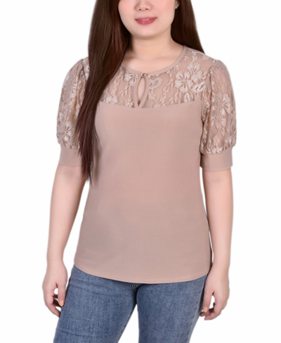 Ny Collection Petite Size Short Puff Sleeve Top With Lace Sleeves And Yoke In Doeskin
