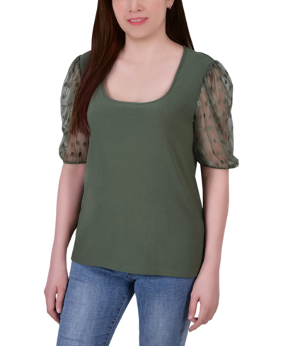 Ny Collection Plus Size Elbow Sleeve Crepe Top With Mesh Dotted Sleeves In Green
