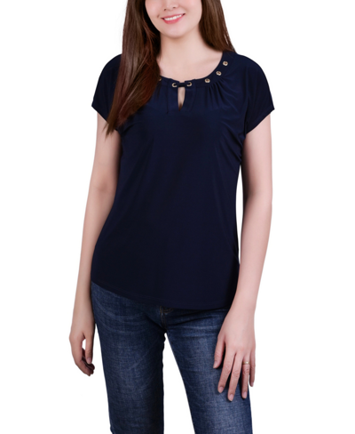 Ny Collection Petite Size Short Sleeve Grommet Top With Keyhole In Black
