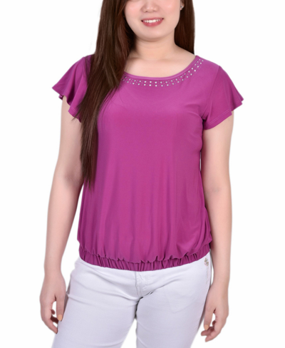 Ny Collection Petite Size Short Flutter Sleeve Top With Studded Neckline In Pink