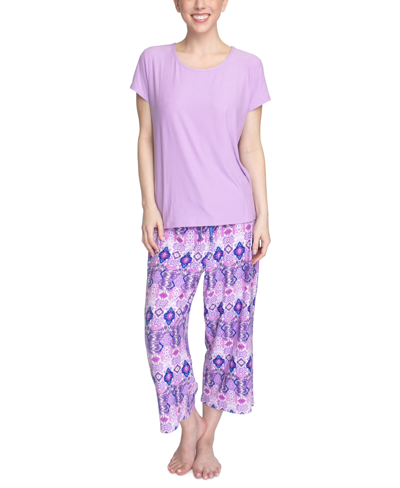 Muk Luks Plus Size Short-sleeve Top And Capri Pajama Pants Set In Purple Patchwork