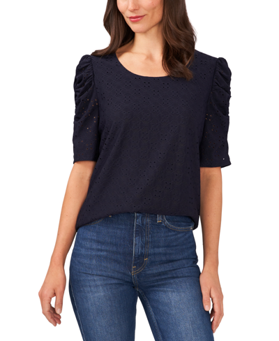 Cece Women's Short Sleeve Eyelet-embroidered Knit Top In Classic Navy