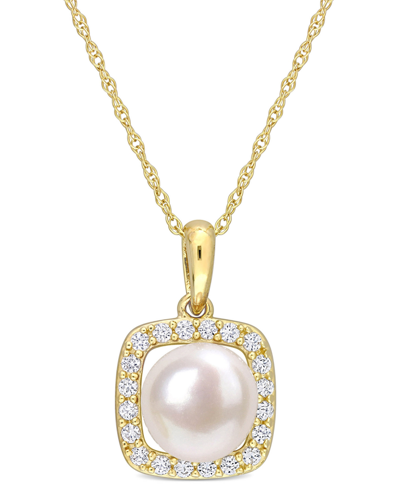 Macy's Cultured Freshwater Pearl (7mm) & Lab-created White Sapphire (1/5 Ct. T.w.) Square Halo 17" Pendant In Gold