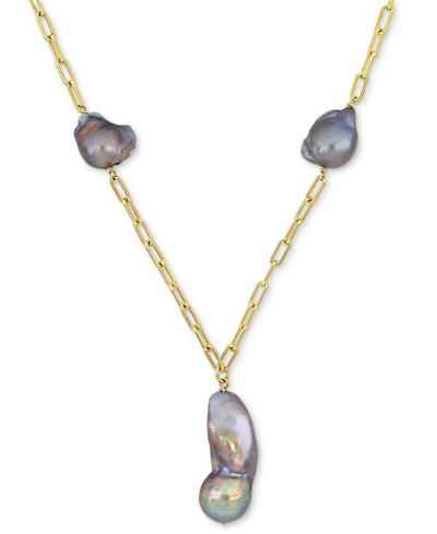 Macy's Gray Cultured Freshwater Baroque Pearl (13 & 35mm) 20" Paperclip Necklace In 18k Gold-plated Sterlin In Gold Tone