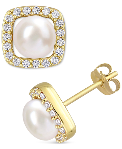 Macy's Cultured Freshwater Pearl (6mm) & Lab-created White Sapphire (3/8 Ct. T.w.) Square Halo Stud Earring In Gold