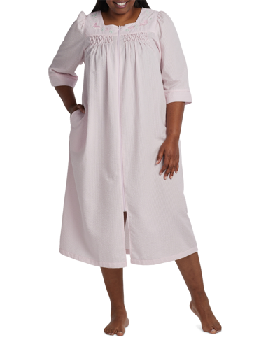 Miss Elaine Plus Size Long Zipper Seersucker Robe In Pink