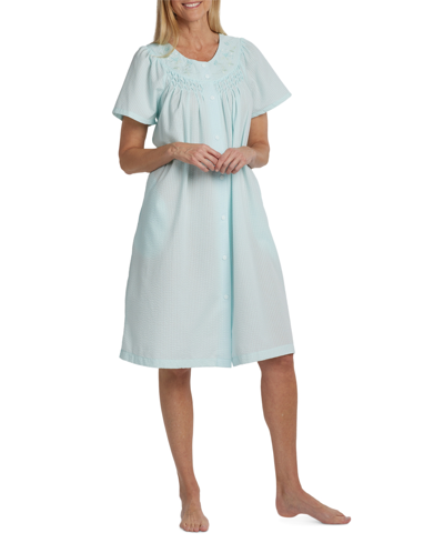 Miss Elaine Short-sleeve Snap-front Seersucker Robe In Turquoise