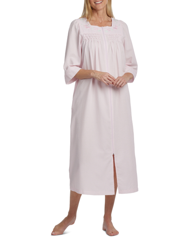 Miss Elaine Long Zipper Embroidered Seersucker Robe In Pink