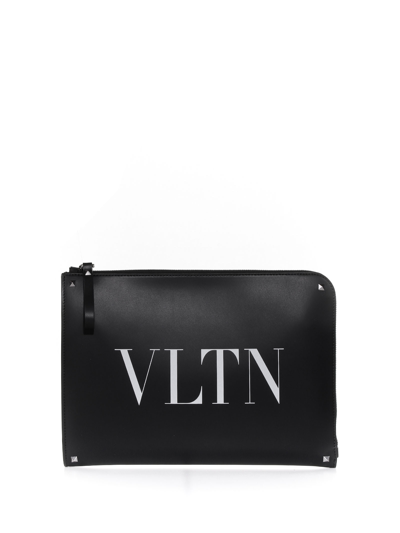 Valentino Garavani Black Vltn Leather Clutch Bag In Nero Bianco