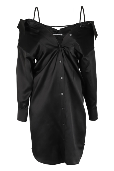 Alexander Wang T Cold-shoulder Silk-charmeuse Mini Shirt Dress In Black