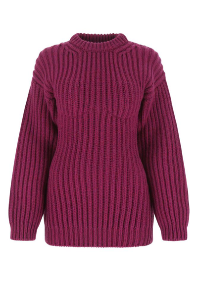 Prada Logo Plaque Ribbed Knit Crewneck Sweater In Purple