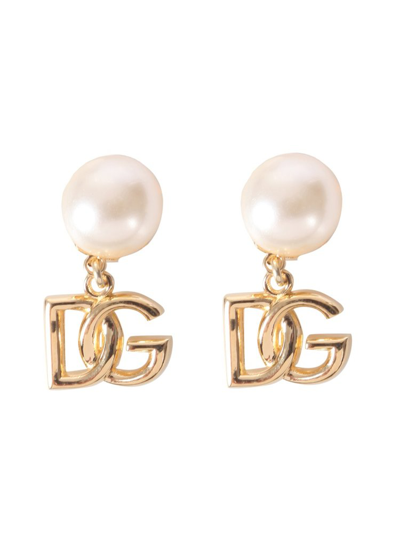 Dolce & Gabbana Embellished Logo Charm Earrings In Golden