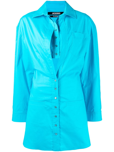 Jacquemus Baunhilha Layered Cutout Cotton-poplin Shirt Dress In Turquoise