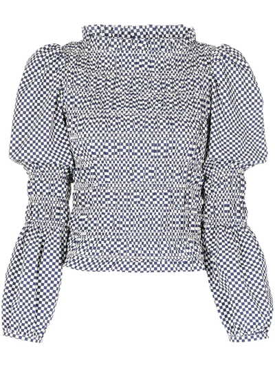 Shrimps Antoon Check-pattern Smocked Blouse In Blue