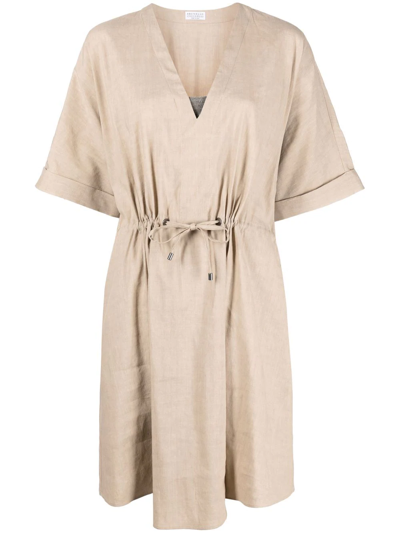 Brunello Cucinelli Drawstring Linen Mini Dress In Nude