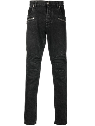 Balmain Slim Cut Ribbed Faded Cotton Jeans In Noir_delave