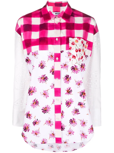 Msgm Checked Floral-print Long-sleeve Shirt In Weiss