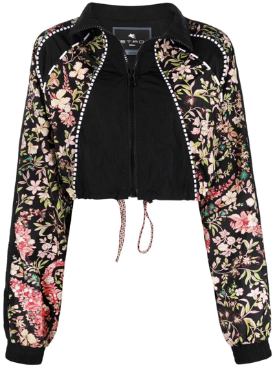 Etro Floral-print Paneled Crop Zip Jacket In Black