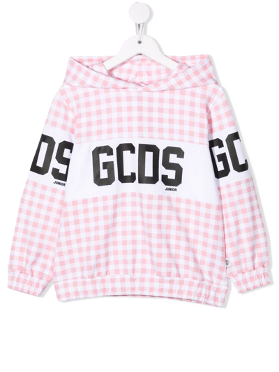 Gcds Kids' Gingham-pattern Logo-print Hoodie In White