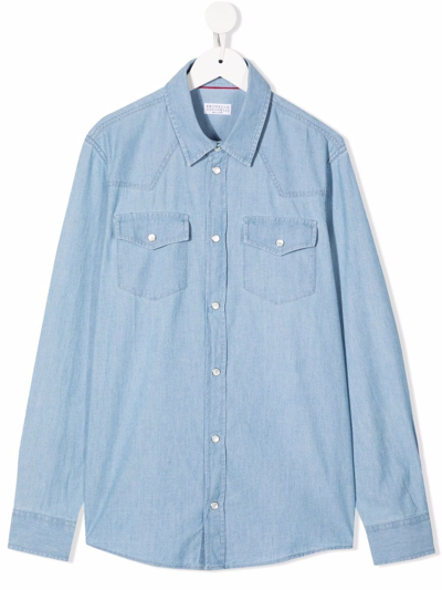 Brunello Cucinelli Teen Button-up Denim Shirt In Jeans