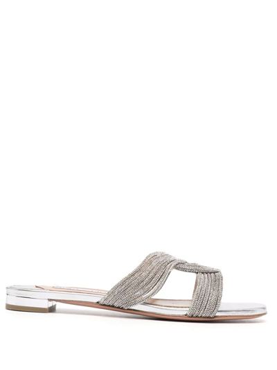Aquazzura Gatsby Crystal-knot Flat Sandals In Silver