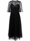 VALENTINO BUTTERFLY LACE CAPE-SLEEVE FLARED DRESS