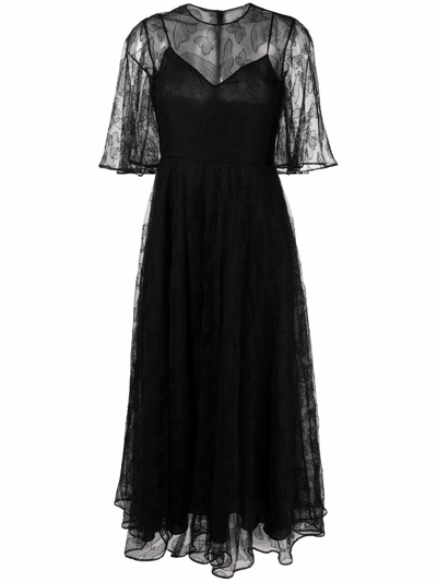 Valentino Butterfly Lace Cape-sleeve Flared Dress In Black