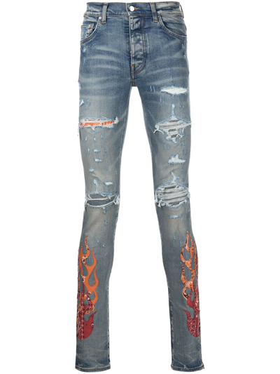 Amiri Bandana Flame Thrasher Ripped Skinny Jeans In Denim