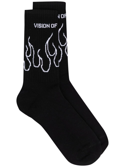 Vision Of Super Black Socks With White Contour Flames