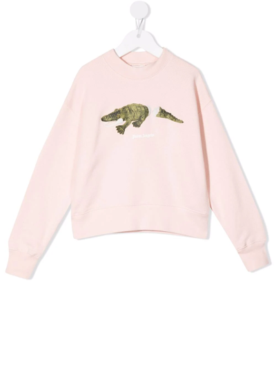 Palm Angels Kids' Crocodile-print Cotton Sweatshirt In Pink