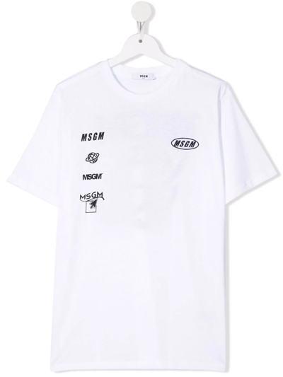 Msgm Kids' Multi-logo Print T-shirt In White