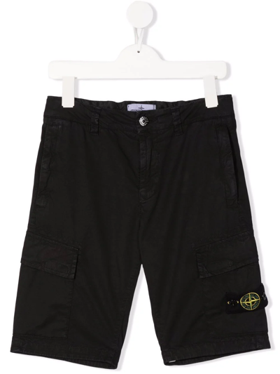 Stone Island Junior Kids' Logo-patch Cargo Shorts In Black
